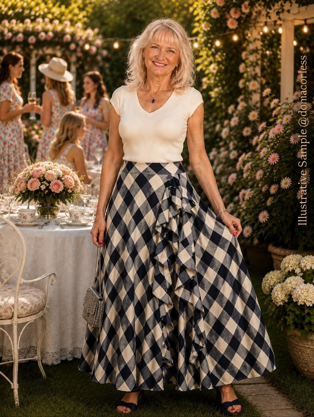 Lauren Ralph Lauren Navy Cream Plaid Ruffle Maxi Skirt Size 8 NWT